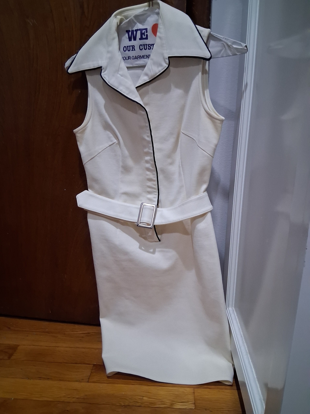 Cream Sleeveless Belted Dress with Black Piping